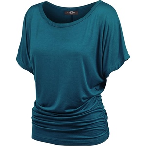 Made By Johnny Women’s Casual Solid Short Sleeve Boat Neck/V Neck Dolman Top T Shirt with Side Shirring(Wt817_teal)