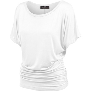Made By Johnny Women’s Casual Solid Short Sleeve Boat Neck/V Neck Dolman Top T Shirt with Side Shirring(Wt817_white)