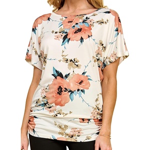 Made By Johnny Women’s Casual Solid Short Sleeve Boat Neck/V Neck Dolman Top T Shirt with Side Shirring(Wt817_white_floral)